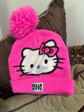 Sanrio Hello Kitty Pom Beanie Hat - Bright Pink & White